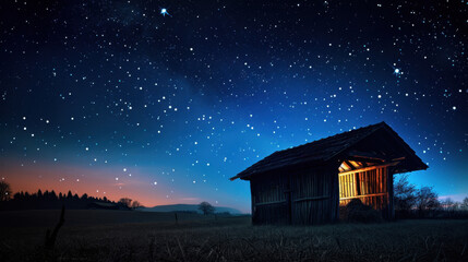 wooden stable at dark blue night, jesus christ birth