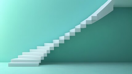 Obraz premium A minimalist white wooden staircase model stands against a mint green background, embodying geometric simplicity and clean architectural lines with a soft shadow for a modern aesthetic.