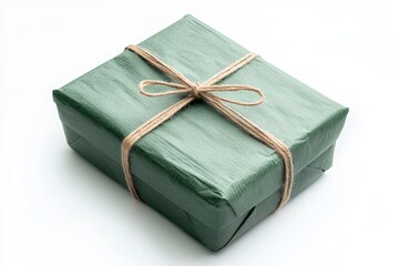 A simple green gift box tied with twine on white background.