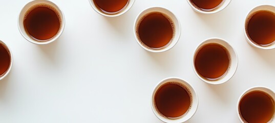 Overhead shot of multiple paper cups filled with dark brown tea, arranged on a white surface with copy space.