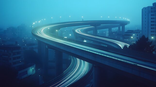 An elevated highway interchange is captured with curved light trails and smooth flowing traffic lines. The aerial perspective highlights modern infrastructure under a bright urban cityscape.