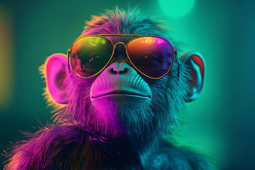 Cool Chimpanzee in Neon Sunglasses: A Vibrant Portrait of Primate Style