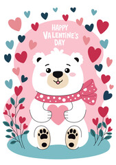 Cute Valentines Day greeting card. White teddy bear with a bow holds a heart in his paws on a pink background with hearts. Inscription Happy Valentines Day.