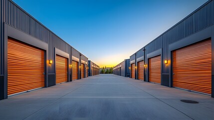 Obraz premium A row of modern storage units with industrial garage doors is depicted under a clear blue sky, emphasizing clean architectural lines, a symmetrical perspective, and a minimalist design.