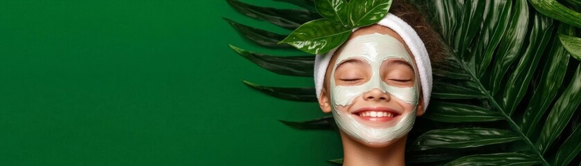 A young girl with a beaming smile, enjoying a facial care routine with natural products