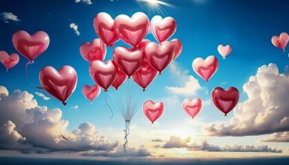 Fototapeta premium Generated image A whimsical image of heart-shaped helium balloons floating against a bright blue sky