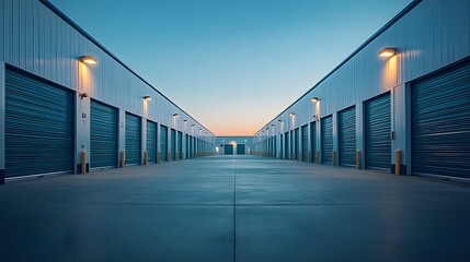 A row of modern storage units with industrial garage doors is depicted under a clear blue sky, emphasizing clean architectural lines, a symmetrical perspective, and a minimalist design.