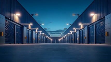 Obraz premium A row of modern storage units with industrial garage doors is depicted under a clear blue sky, emphasizing clean architectural lines, a symmetrical perspective, and a minimalist design.