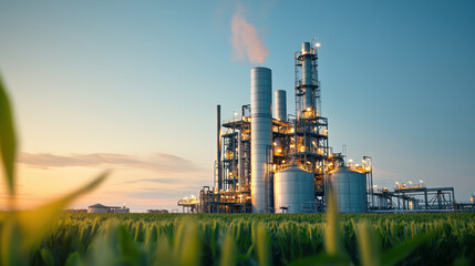 modern ethanol refinery glowing at sunset, surrounded by lush green cornfields