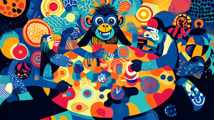 An abstract scene of a monkey strategizing at a round table, with vibrant colors and patterns illustrating the intricate dance of corporate negotiations. 