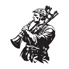 Bagpipes Stock Illustrations. Man playing bagpipes Black and White image vector isolated on white background.