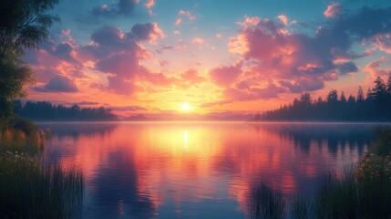 Fototapeta premium Serene sunset reflecting on calm lake.