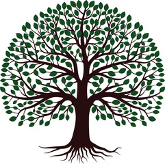 Oak Tree Vector with Roots and Green Leaves, Oak Tree Logo