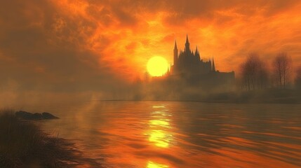 Fototapeta premium A mystical sunset over a castle, reflecting on a tranquil water surface.