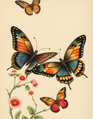 Obraz premium Vertical 19th-century vintage illustration of colorful butterflies, asian style, with white tones