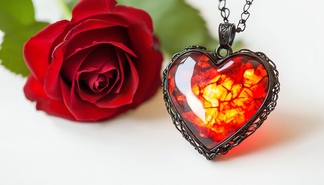 Heart-shaped pendant with vibrant rose on white background, symbolizing love and elegance.