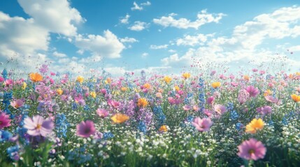 Fototapeta premium Vibrant wildflowers bloom under a bright summer sky.
