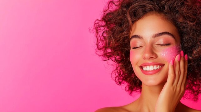 A young woman with a glowing complexion and a joyful smile, applying a hydrating face mist