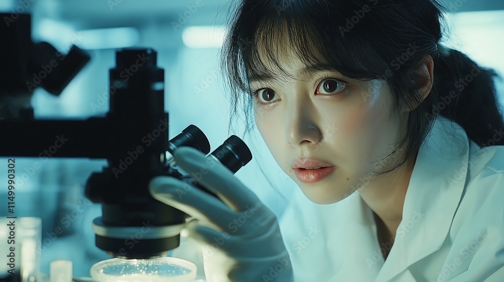 Poster a dedicated scientist in a white lab coat meticulously analyzes specimens under a microscope in a co