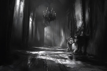 A Monochromatic Journey Through a Dark and Mysterious Hallway: An Eerie Digital Painting of an Old Manor