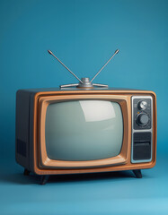 Vintage TV isolated on blue background, with white tones