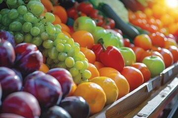 Colorful Fresh Fruits And Vegetables At Market Stall