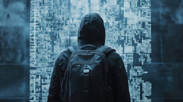 Hacker in a black hood and a backpack standing in front of a wall full with coding installing backdoor in network with high technology, showing back, landscape
