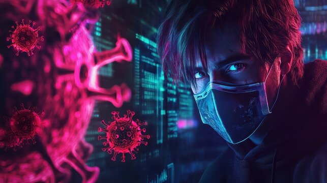 hacker man terrorist with virus computer attack to server network system online in data technology internet security hacking concept