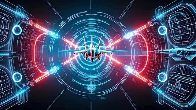 Futuristic Digital Interface with Glowing Blue and Red HUD Elements Featuring a Centralized Aircraft Graphic

