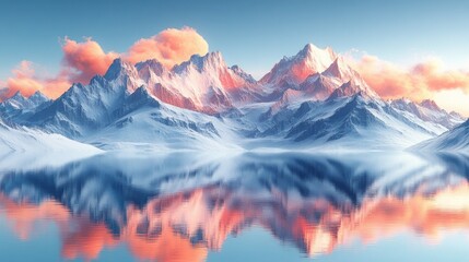 Majestic snow-capped mountains reflected in a calm lake at sunset.