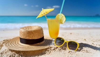 Relaxing Day at the Beach With Sunglasses, a Hat, and Refreshing Tropical Drink