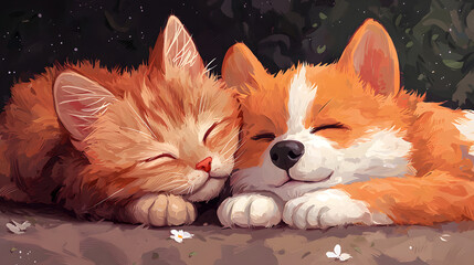 Fototapeta premium little cat and dog cuddling