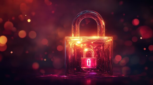 Transparent padlock, digital security concept, glowing background