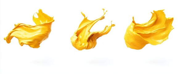 Three golden liquid splashes isolated on white.