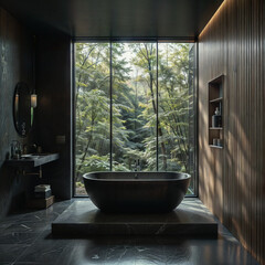 The image showcases a modern bathroom with a dark, minimalist design, featuring a large window with a view of greenery outside, a freestanding black bathtub on a stone platform, and wooden paneling on