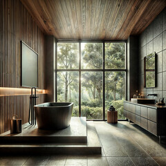 The image showcases a modern bathroom with a dark, minimalist design, featuring a large window with a view of greenery outside, a freestanding black bathtub on a stone platform, and wooden paneling on