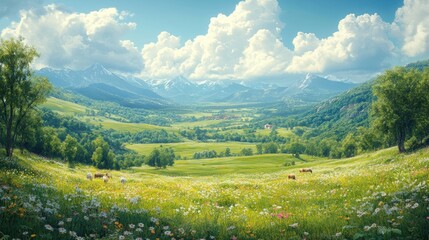 Obraz premium Flowering meadow, mountains, village, sunny sky.