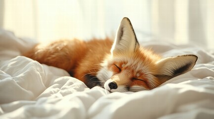Cute fox sleeping on a white bed, close-up, with a winter and warm light background at home