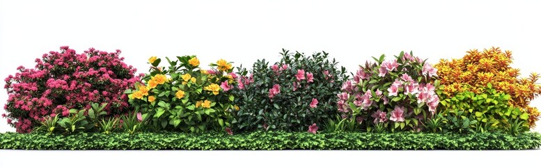 Colorful flowering shrubs and bushes border isolated on white.