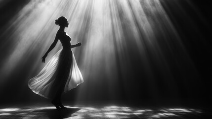 black and white shot of a woman dancing in a soft beam of light, her expression serene as she moves fluidly
