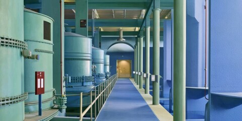 Obraz premium Industrial Water Treatment Facility with Colorful Machinery and Walkway