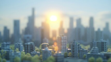 Fototapeta premium A serene cityscape at sunrise, highlighting modern architecture and greenery.