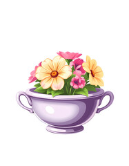 Flower bowl or pot with handles, vintage style isolated on white, clipart style