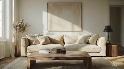 Fototapeta premium Stylish boho living room interior with a beige sofa