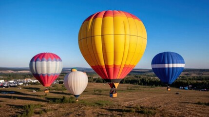 Obraz premium A vibrant array of hot air balloons floats gracefully above a vast, open landscape, casting shadows on the fields below beneath a cloudless blue sky.