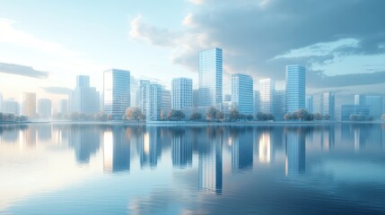 Fototapeta premium Calm city skyline reflected in tranquil water at sunrise.