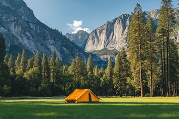 Bright orange tent set against majestic mountains in a serene forest