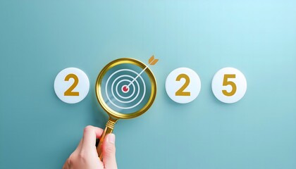 Happy new year 2025 with business concept. 2025 year number with Target icon inside the golden magnifying glass on light blue background. Planning for goal and success concepts. New Year resolution
