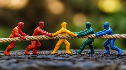 Four colorful figurines pulling on a rope, representing teamwork and cooperation.