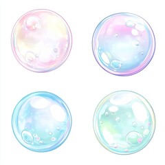 Four iridescent soap bubbles on white background.